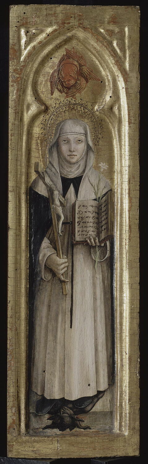 Carlo Crivelli, Sainte Catherine de Sienne, Saint Augustin, Saint Nicolas et Sainte Lucie, vers 1490, tempera et or sur bois (tilleul), H: 50 ; L: 15 cm, Avignon, musée du Petit Palais (dépôts du musée du Louvre)