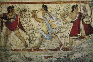peintures étrusques provenant de tombes découvertes à Tarquinia. Ces trois photos proviennent du site JSTOR (source : Art History Survey Collection et Scala Archives)