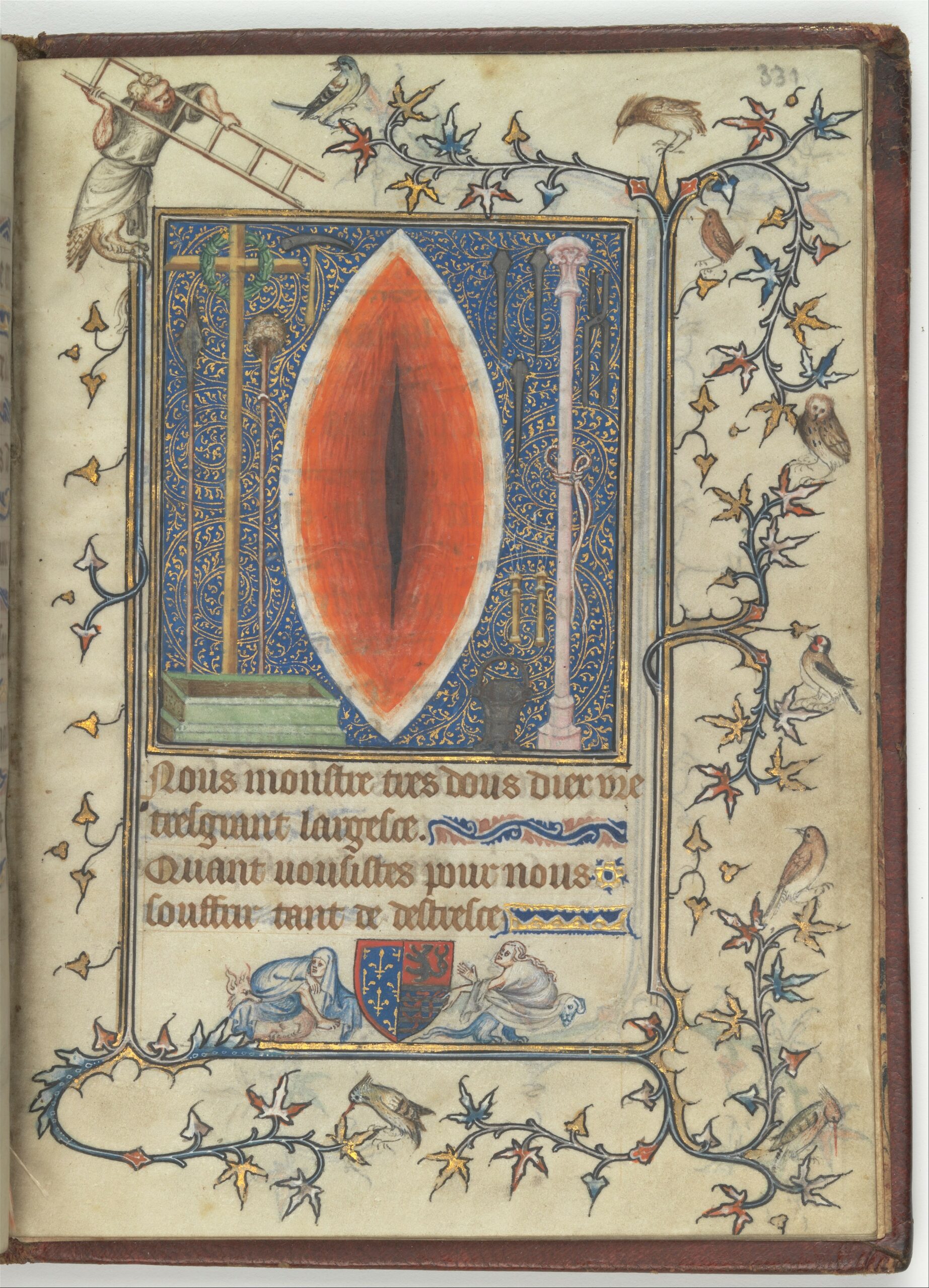 Représentation de la plaie du Christ à la verticale en pleine page de manuscrit :- Psautier de Bonne de Luxembourg. New York, The Met Cloisters, ms 69.86, f. 331r (vers 1335). © Met Museum (source : https://www.metmuseum.org/fr/art/collection/search/471883)
