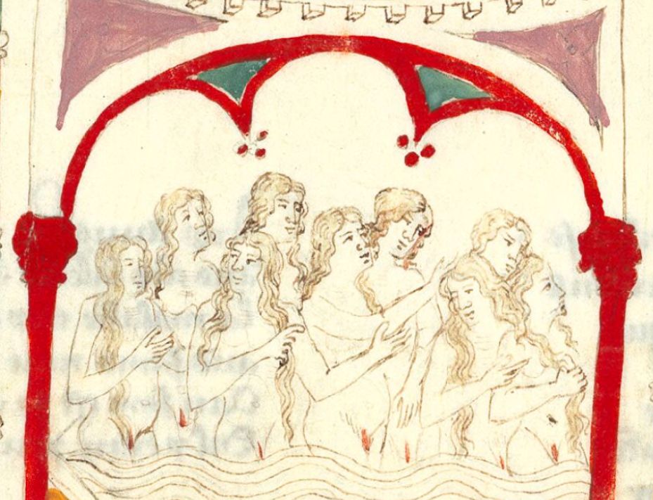 Illustration d’un poème de la série Balnea Puteolis (Bains de Pouzzoles) de Pierre d’Eboli :- Paris, Bibliothèque Nationale de France, fr 1313, f. 19r (XIVe siècle). © Gallica (source : https://gallica.bnf.fr/ark:/12148/btv1b6001045k/f45.item)